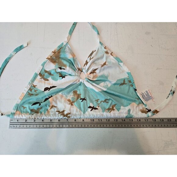 Vintage 70s Halter Top Bird Print Turquoise & Beige M Festival Hippie Stevie - Picture 5 of 5
